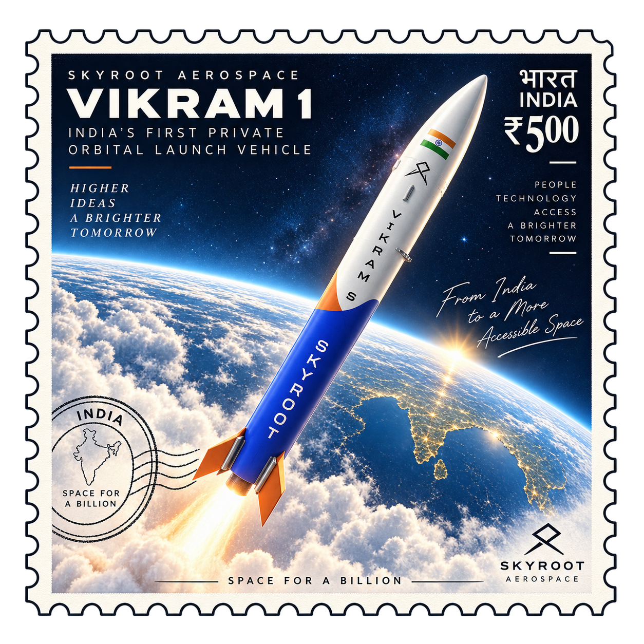 Commemorative stamp illustration of Vikram-1 launching over India