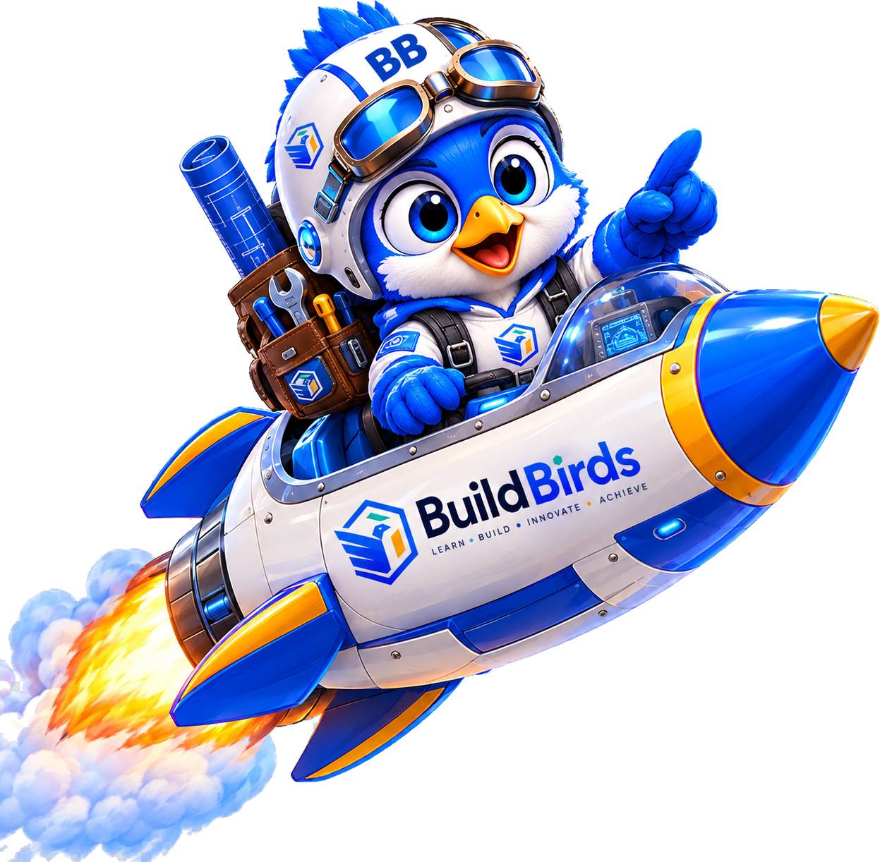 BB, the BuildBirds mascot, flying a rocket